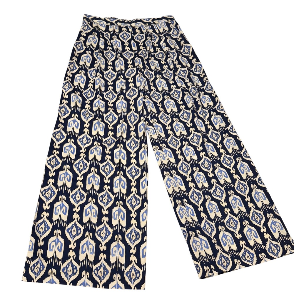 J.McLaughlin Amal Pants Womens 8 Navy Blue Ikat Print Wide Leg Cotton Stretch